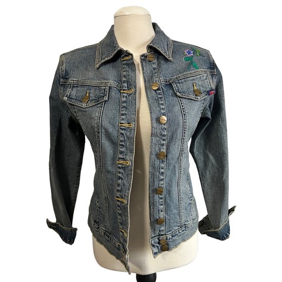 Vintage Yuka Jeans Embroidered Denim Jacket Sz Medium Womens Floral Long Sleeve - Picture 6 of 10